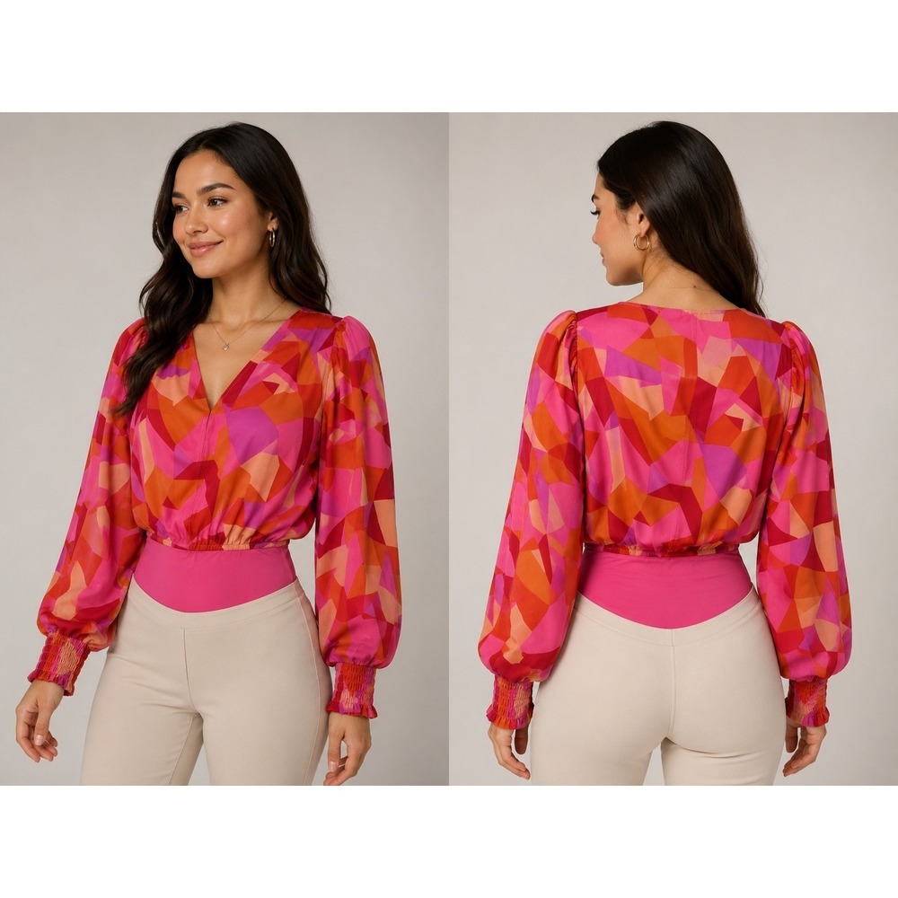 Pink Lily Bodysuit Womens Large Pink Orange Geometric‎ Puff Sleeve Surplice Boho
